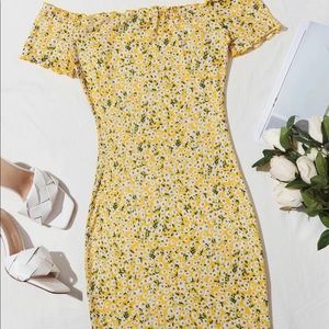 Floral off the shoulder lettuce edge dress